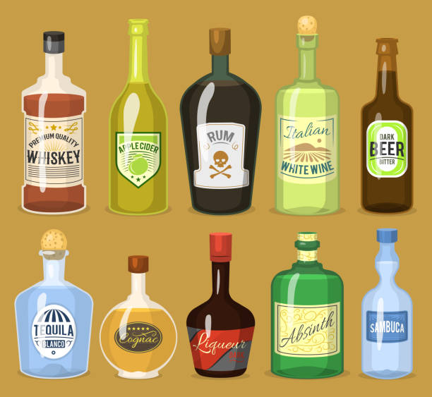 ilustraciones, imágenes clip art, dibujos animados e iconos de stock de fuerte de alcohol bebidas en botellas dibujos animados vasos whisky, cognac, brandy, vino vector ilustración - liqueur glass