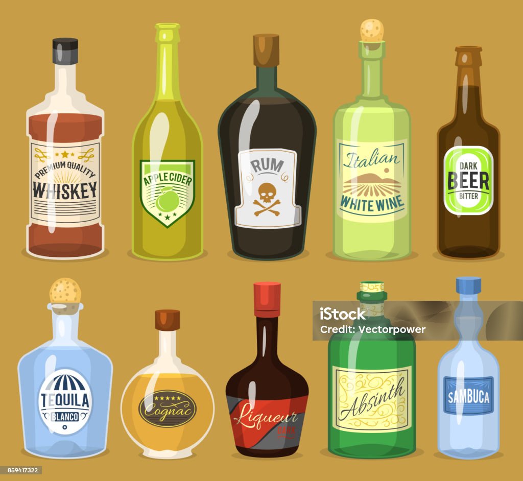 Alcohol Strong Drinks In Bottles Cartoon Glasses Whiskey Cognac Brandy Wine  Vector Illustration Stock Illustration - Download Image Now - iStock