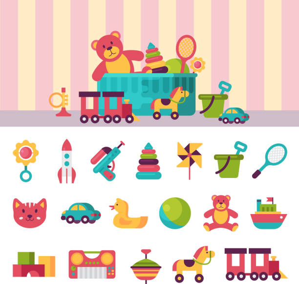 illustrations, cliparts, dessins animés et icônes de jouets d’enfant complète dans des boîtes pour les enfants jouent illustration vectorielle de l’enfance chambre de bébé conteneur - block toy wood box