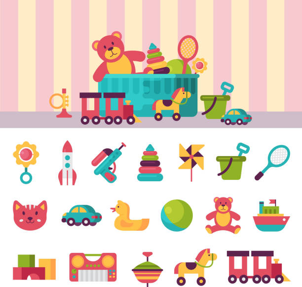 Full kid toys in boxes for kids play childhood babyroom container vector illustration Full kid toys in boxes for kids play childhood babyroom container vector illustration. Cardboard children playroom toy stock illustrations