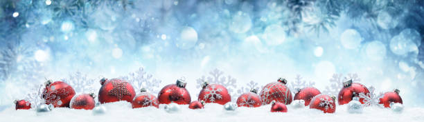 Christmas - Decorated Red Balls On Snow With Fir Branches