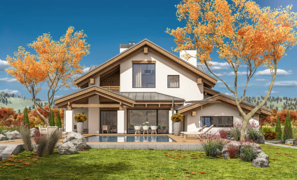 istock 3d rendering of modern cozy house in chalet style 859423766