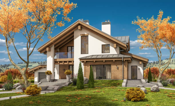 istock 3d rendering of modern cozy house in chalet style 859423834