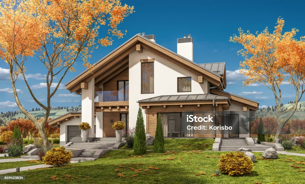 3d rendering of modern cozy house in chalet style 3d rendering of modern cozy house in chalet style with garage for sale or rent with large garden and lawn. Clear sunny autumn day with cloudless sky. House Stock Photo