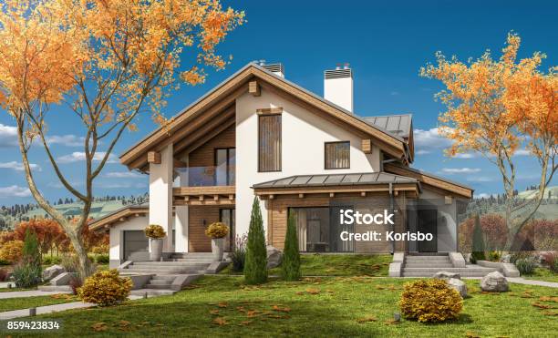 3d Rendering Of Modern Cozy House In Chalet Style Stock Photo - Download Image Now - House, Autumn, Outdoors