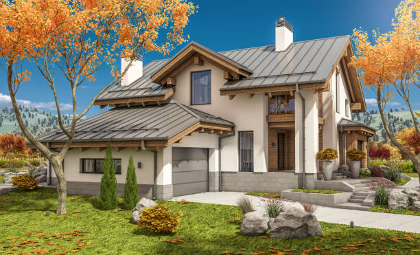 istock 3d rendering of modern cozy house in chalet style 859423902