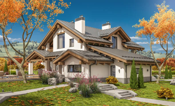 istock 3d rendering of modern cozy house in chalet style 859423908