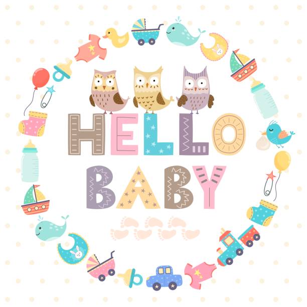 Baby shower card with a text Hello baby Baby shower card with a text Hello baby and with cute owls. Vector illustration new baby stock illustrations