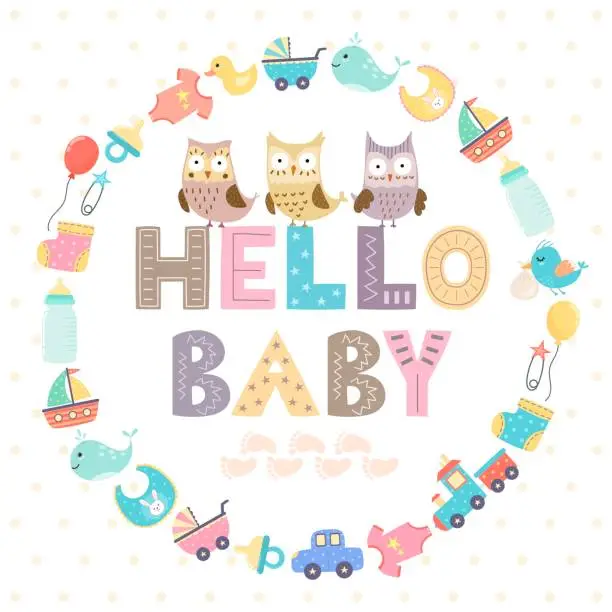 Vector illustration of Baby shower card with a text Hello baby