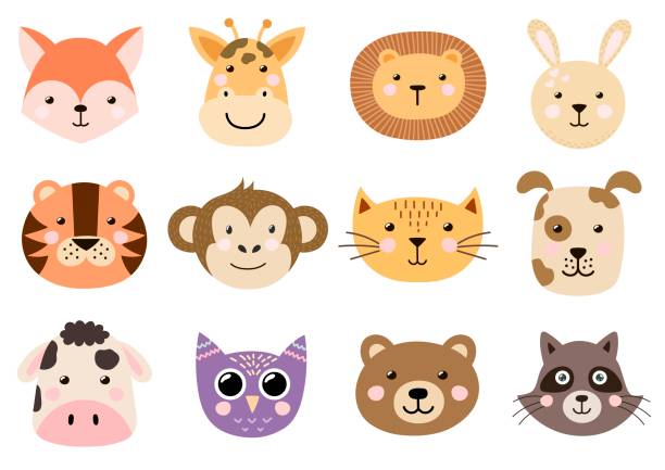 ilustrações, clipart, desenhos animados e ícones de cabeças de animais bonitos para bebê e crianças design - cute cow vector animal