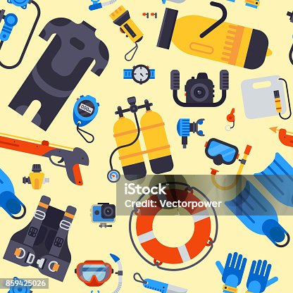 istock Spearfishing scuba diving underwater sea diver equipment vector professional tools seamless pattern background 859425026