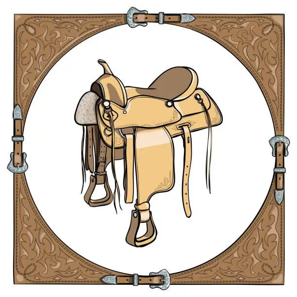 Vector illustration of Cowboy western saddle in the leather frame background.
