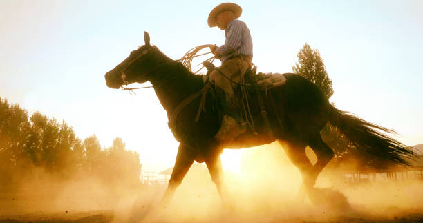 istock Cowboy Riding Horse at Sunset 859435912