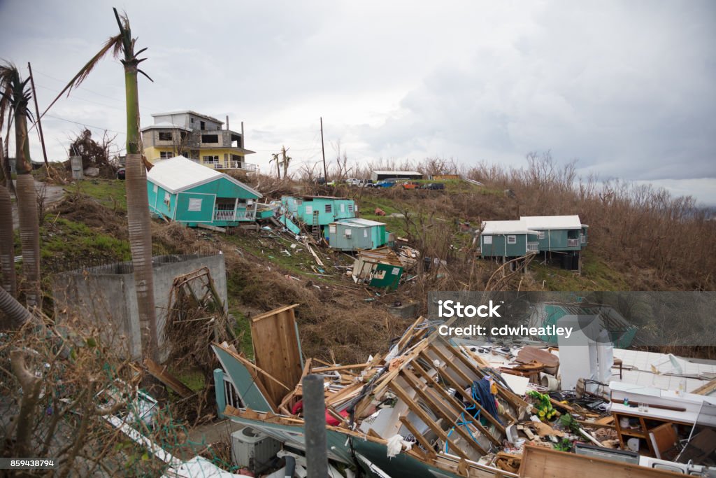 destroyed  houses, hurricane irma 2017, st john, united states virgin islands destroyed houses, hurricane irma 2017, st john, united states virgin islands Caribbean Stock Photo
