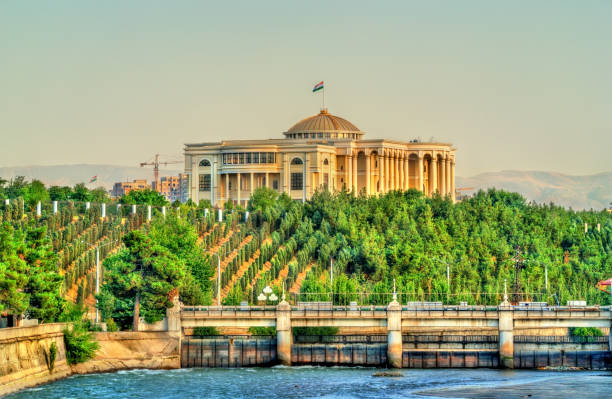 vue de douchanbé avec le palais présidentiel et de la rivière varzob. tadjikistan, asie centrale - tajik flag photos et images de collection