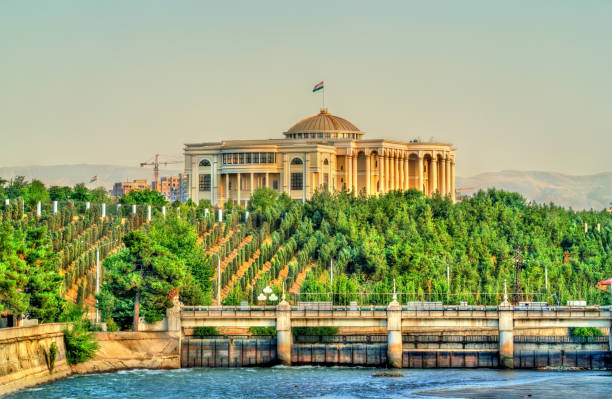 View of Dushanbe with Presidential palace and the Varzob River. Tajikistan, Central Asia stock photo
