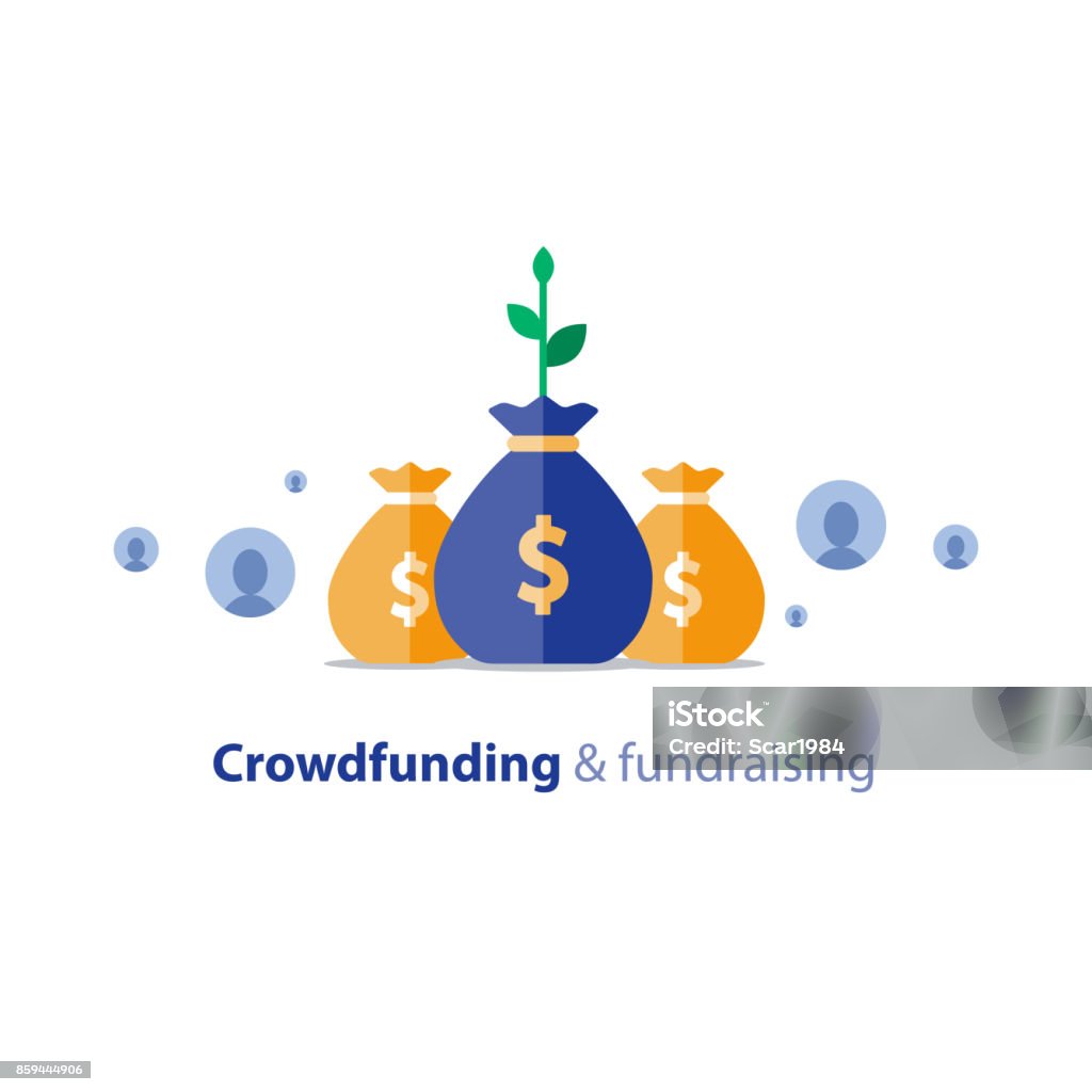 Fundraising campaign, crowdfunding concept, charity donation, vector illustration Crowdfunding project, fundraising campaign, money donation, charity fund, money bags, income growth, vector flat icon Charitable Donation stock vector