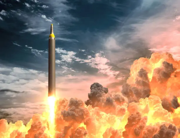 Korean Rocket Takes Off In The Clouds Of Fire. 3D Illustration.