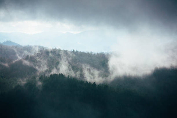 Moody image of foggy Smoky Mountain range on a cloudy day