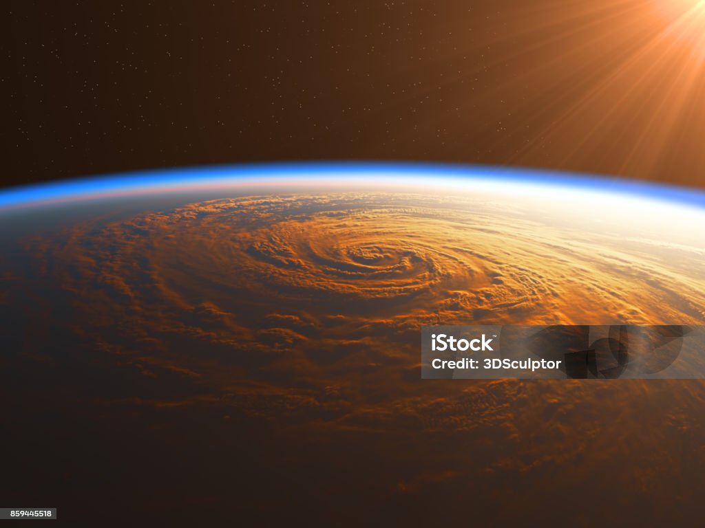 Hurricane in The Rays Of Sun Hurricane in The Rays Of Sun. 3D Illustration. Planet Earth Stock Photo