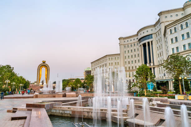 Fountain and the National Library in Dushanbe, the Capital of Tajikistan stock photo
