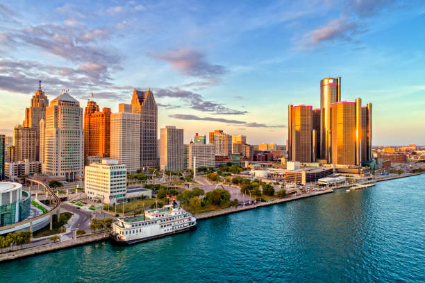 Detroit Aerial Panorama Detroit Aerial Panorama during sunset detroit michigan stock pictures, royalty-free photos & images