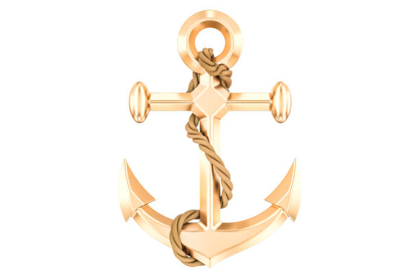istock Golden anchor with rope, 3D rendering  isolated on white background 859452452