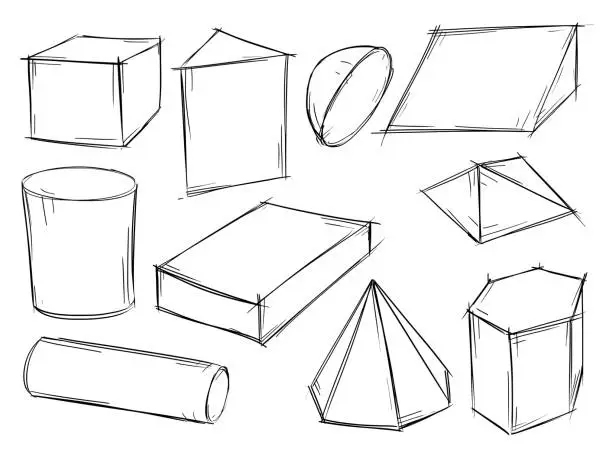 Vector illustration of Set of Sketchy 3D Geometrical Shapes