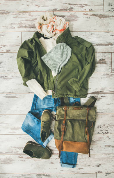 istock Flat-lay of Fall lady' s clothes outfit on parquet background 859459048