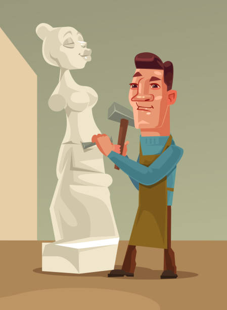 ilustraciones, imágenes clip art, dibujos animados e iconos de stock de feliz sonriente escultor hombre personaje crear a mujer de piedra - sculpture women fine art statue marble