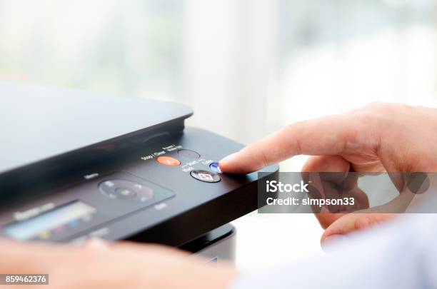 Hand Press Button On Panel Of Printer Stock Photo - Download Image Now - Printer - Occupation, Photocopier, Flat Bed Scanner