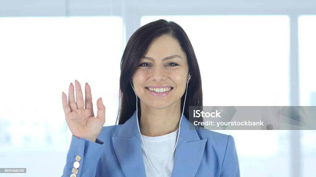 Woman Busy Online Video Chat, Waving Hand Video Conference Stock Photo