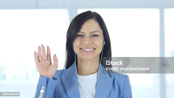 Woman Busy Online Video Chat Waving Hand Stock Photo - Download Image Now - Video Conference, Adult, Adults Only