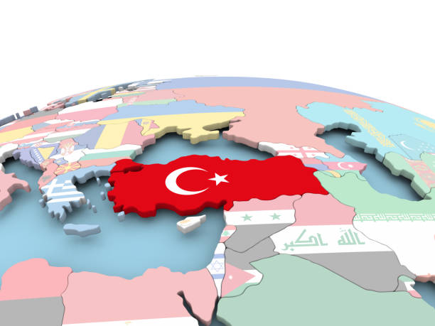 Turkey on political globe with embedded flags. 3D illustration. 3D model of planet created and rendered in Cheetah3D software, 29 Sep 2017.