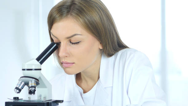 istock Female Chemist, Scientific Reseacher Working on Microscope in Laboratory 859466672