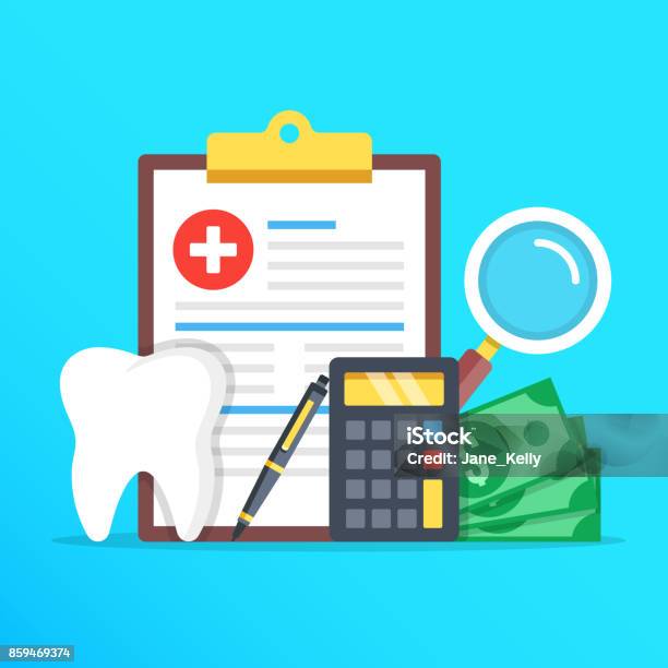 Dental Insurance Dental Care Concept Dental Insurance Form Tooth Calculator Pen Money Magnifier Flat Design Graphic Elements Set Vector Illustration Stock Illustration - Download Image Now