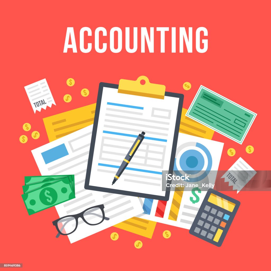 Accounting, bookkeeping, check financial statements, corporate paperwork concept. Top view. Modern flat design graphic. Creative vector illustration Accounting, bookkeeping, check financial statements, corporate paperwork concept. Top view. Modern flat design graphic for websites, web banners, etc. Red background. Creative vector illustration Accountancy stock vector