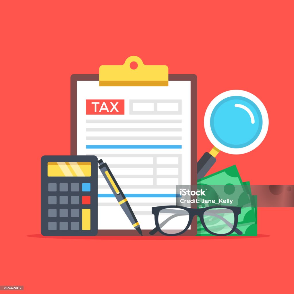 Tax accounting, expenses, budget calculation. Clipboard, tax form, calculator, pen, money, glasses, magnifier. Flat design graphic elements set. Premium quality. Modern concepts. Vector illustration Tax accounting, expenses, budget calculation. Clipboard, tax form, calculator, pen, money, glasses, magnifier. Flat design graphic elements, flat icons set. Premium quality. Modern concepts. Vector illustration Tax Form stock vector