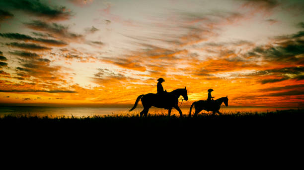 Lone Cowboy Mother and daughter on horseback in a field with as sunset. cowgirl stock pictures, royalty-free photos & images