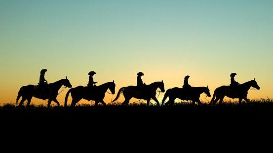 Line of horseback riders in a pasture at sunset.