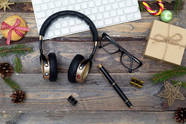 istock Desk with stationery and Christmas decorations. Flat lay 859493456