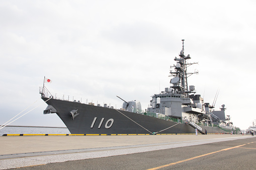 Kanagawa, Japan - May 21, 2022: United States Navy USS Spruance (DDG-111), Arleigh Burke-class destroyer sailing in Tokyo bay.