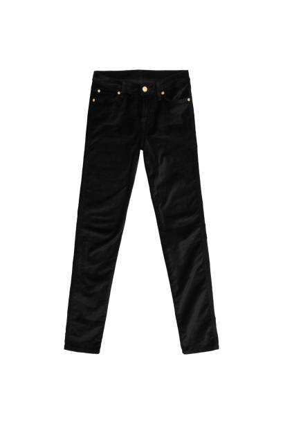 pantaloni jeans in velluto nero con bottoni dorati isolati su sfondo bianco - pantaloni aderenti foto e immagini stock