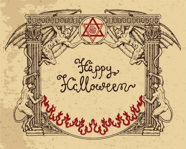 ilustrações de stock, clip art, desenhos animados e ícones de halloween frame with demons, gothic symbols, pentagram and lettering - devil demon hell evil