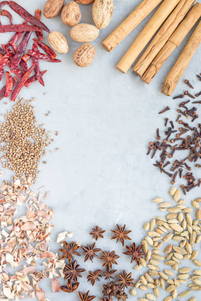 istock Different kinds of aromatic winter spices on gray concrete background, top view, copy space, vertical 859510606