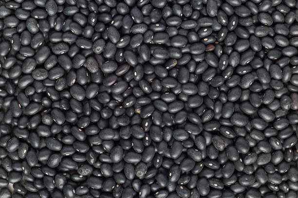 Food background with uncooked dry black beans, horizontal, top view