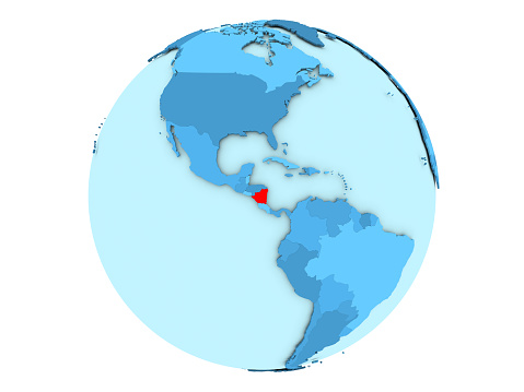 Nicaragua highlighted in red on blue political globe. 3D illustration isolated on white background.