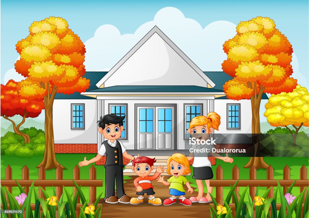 Cartoon Happy Family In The Front Yard Of The House Stock Illustration -  Download Image Now - iStock