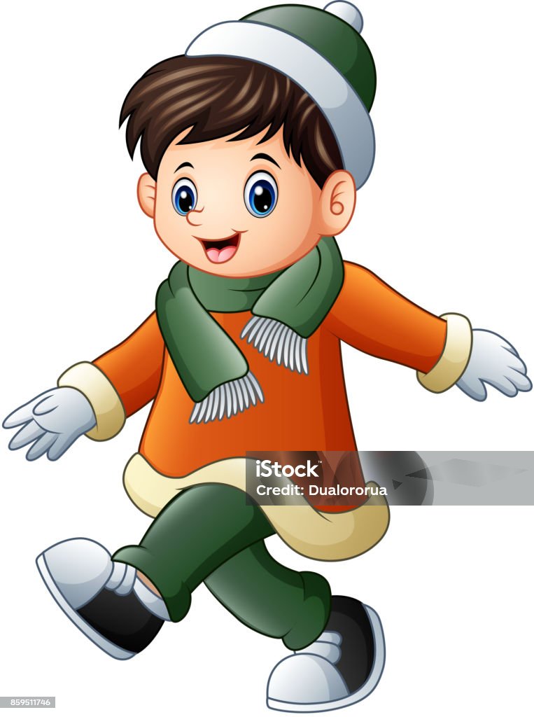 Cartoon Boy In Winter Clothes Walking Stock Illustration - Download Image  Now - Boys, Mitten - Glove, Winter - iStock