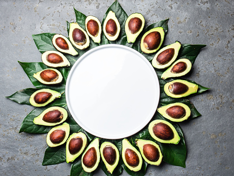 Avocado. Frame made from avocado palta and avocado tree leaves around white plate. Guacamole ingredients. Healthy fat, omega 3 concept. Half of avocado. Top view. Copy space